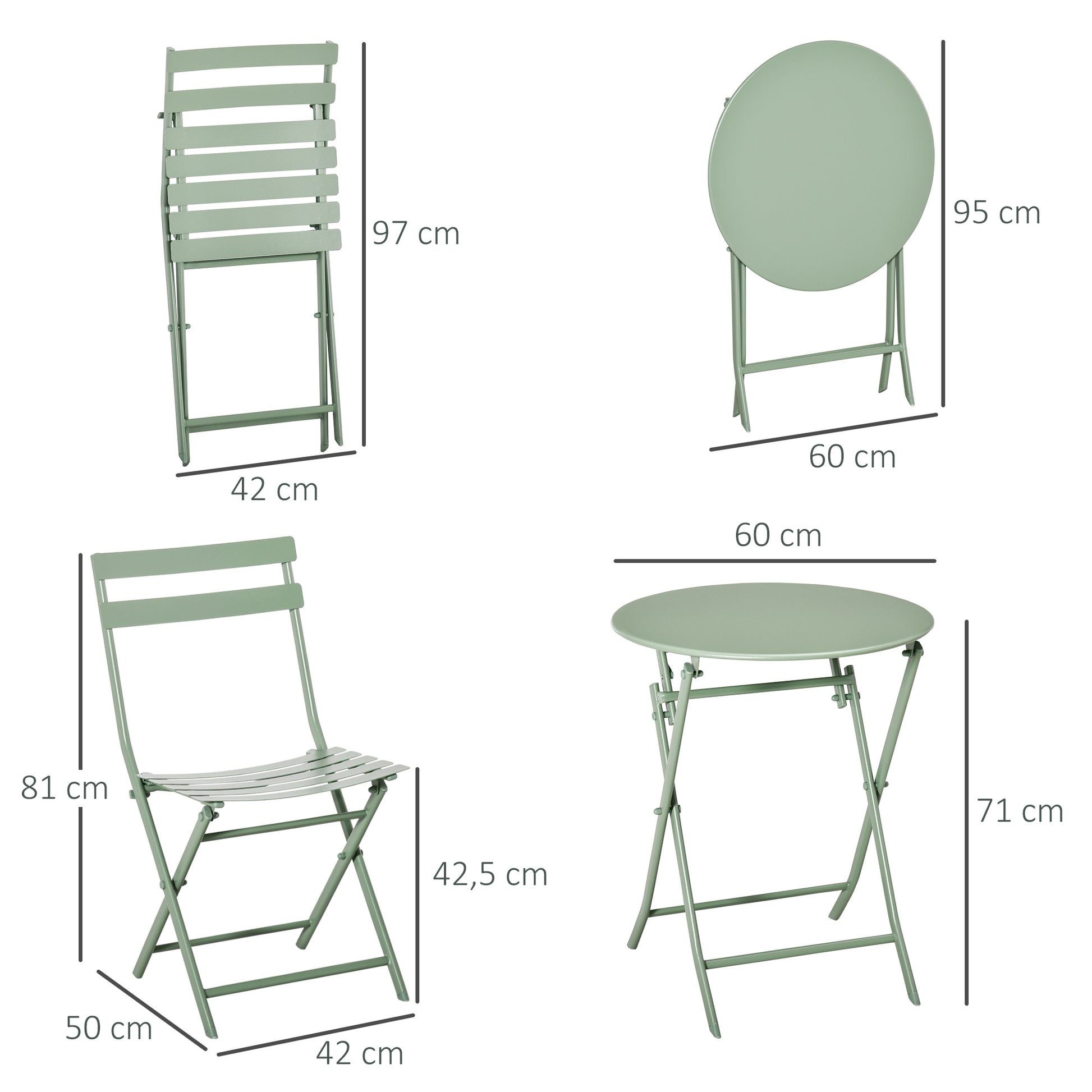 Folding Garden Furniture Set 1 Round Table and 2 Terrace Chairs with Steel Frame and Backrest for Balcony Patio Dark Green
