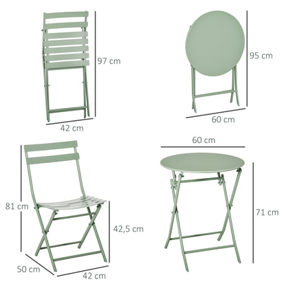 Folding Garden Furniture Set 1 Round Table and 2 Terrace Chairs with Steel Frame and Backrest for Balcony Patio Dark Green