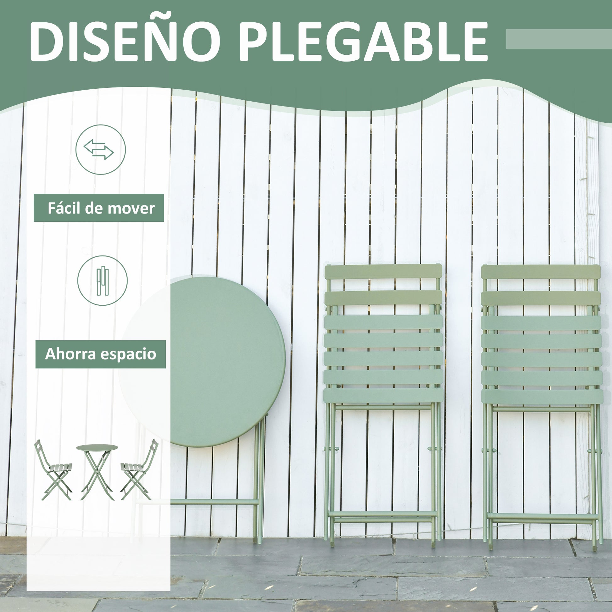 Folding Garden Furniture Set 1 Round Table and 2 Terrace Chairs with Steel Frame and Backrest for Balcony Patio Dark Green