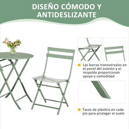 Folding Garden Furniture Set 1 Round Table and 2 Terrace Chairs with Steel Frame and Backrest for Balcony Patio Dark Green