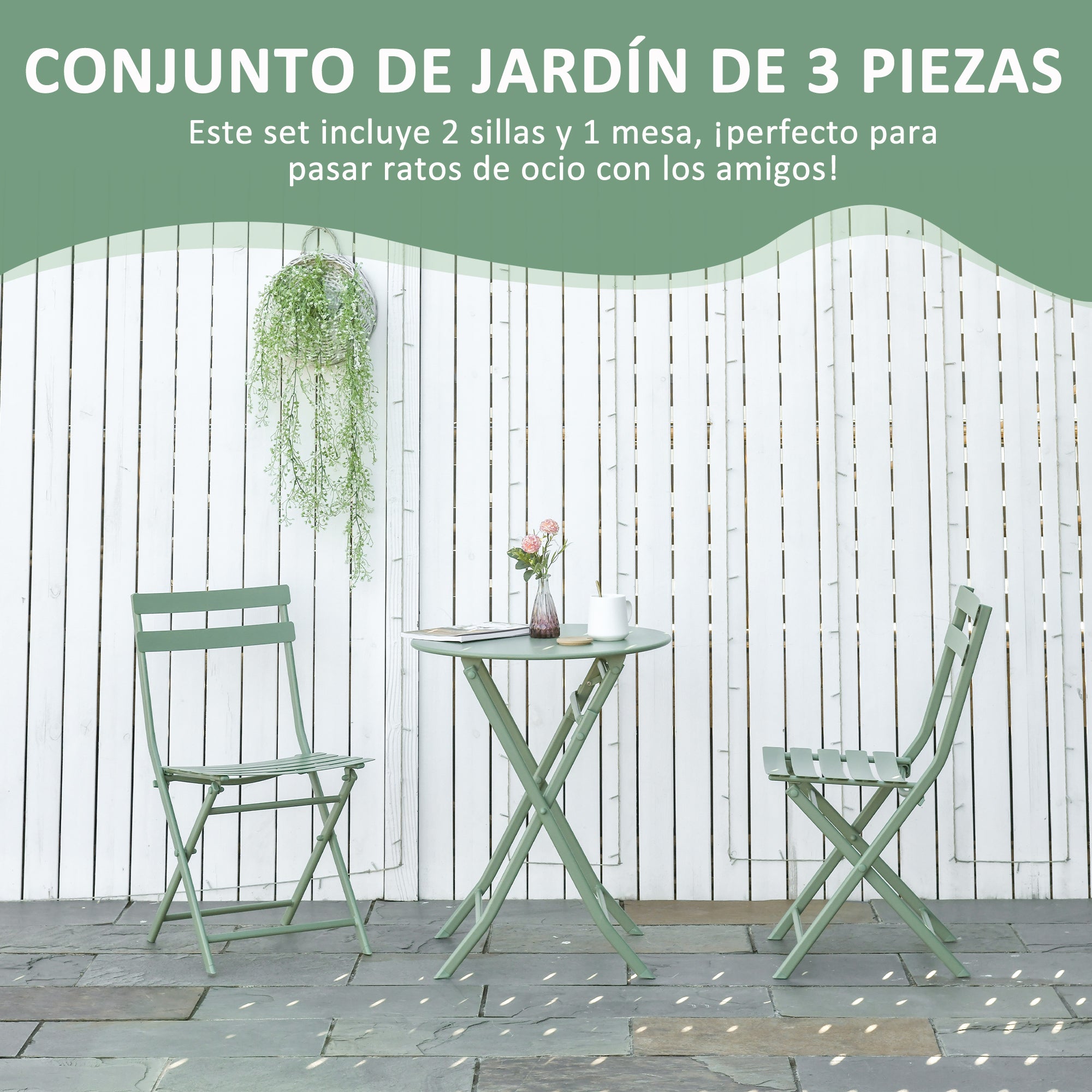 Folding Garden Furniture Set 1 Round Table and 2 Terrace Chairs with Steel Frame and Backrest for Balcony Patio Dark Green