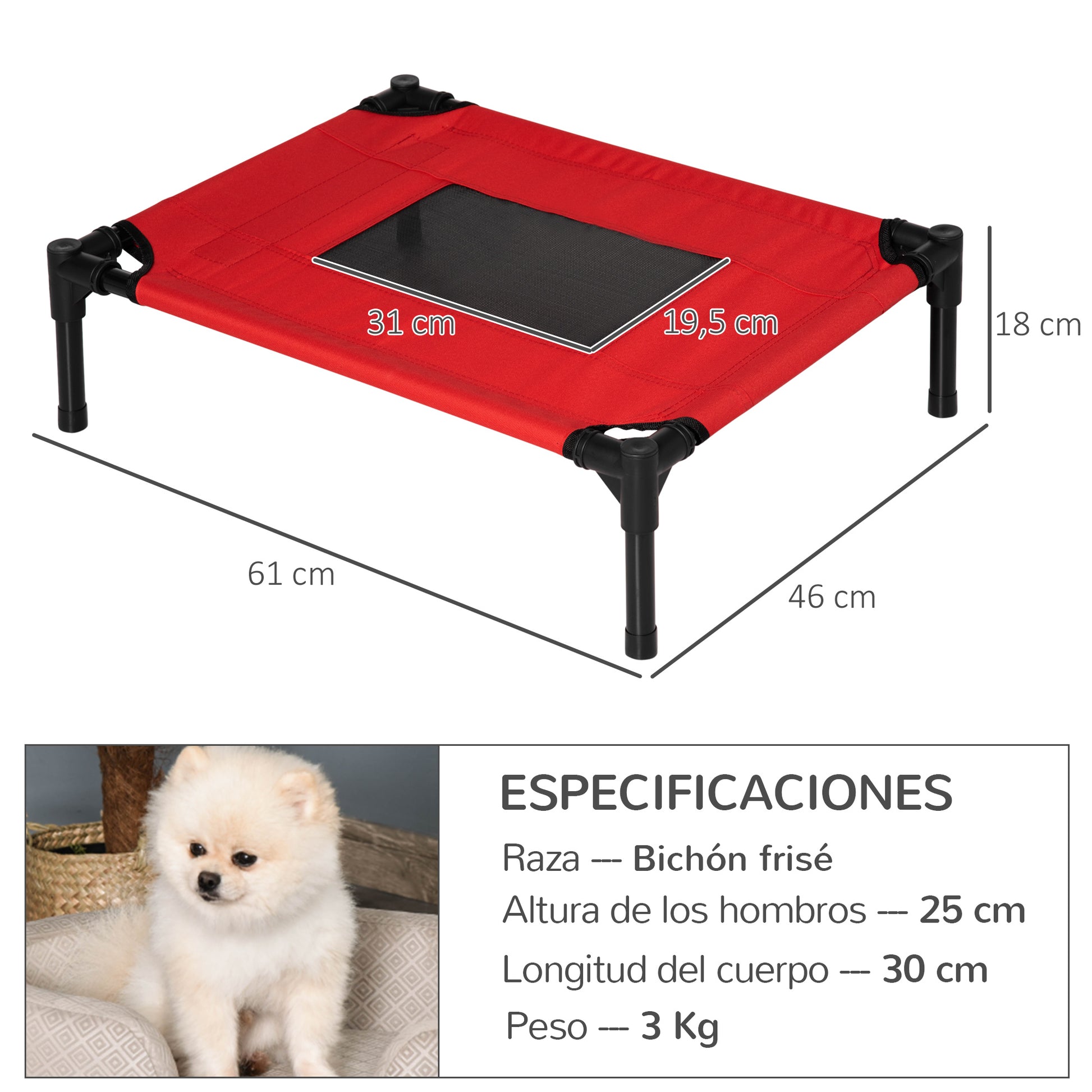 Portable Elevated Bed for Dogs Cats Pet Bed with Breathable Mesh Zone and Oxford Fabric for Indoor Outdoor 61x46x18 cm Red