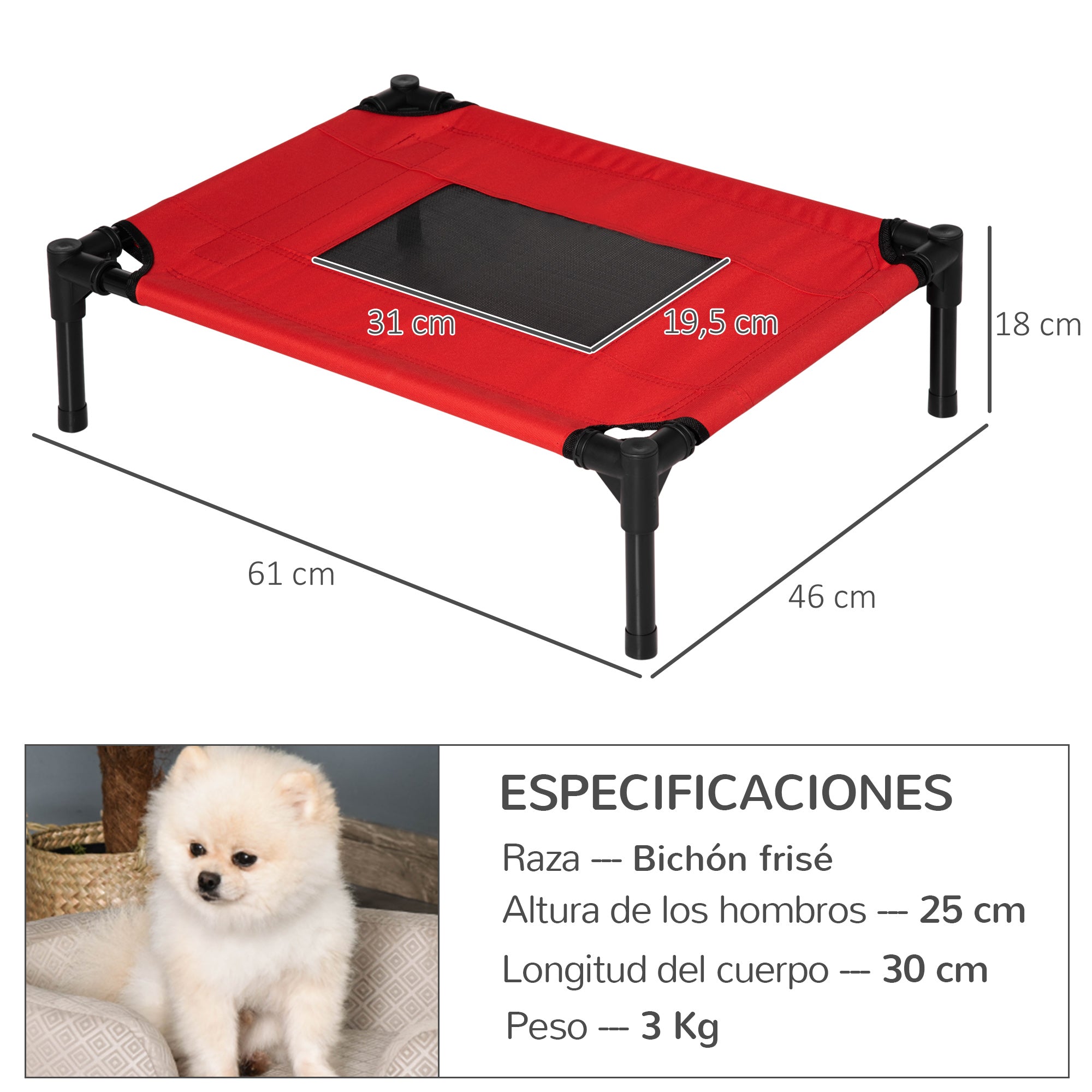Portable Elevated Bed for Dogs Cats Pet Bed with Breathable Mesh Zone and Oxford Fabric for Indoor Outdoor 61x46x18 cm Red