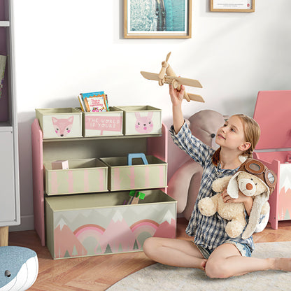 ZONEKIZ Kids Bookcase — Toy Organizer with 6 Removable Non-Woven Fabric Bins, Pink, 63 x 30 x 66 cm (24.8 x 11.8 x 26.0 in)