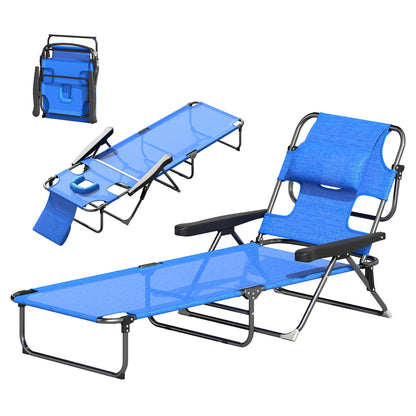 Folding Sun Lounger Garden Lounger with Reading Window, Head Pillow, Recliner with 4-Position Adjustable Backrest, Weatherproof Camping Lounger up to 120 kg, for Garden Beach Pool, Dark Blue