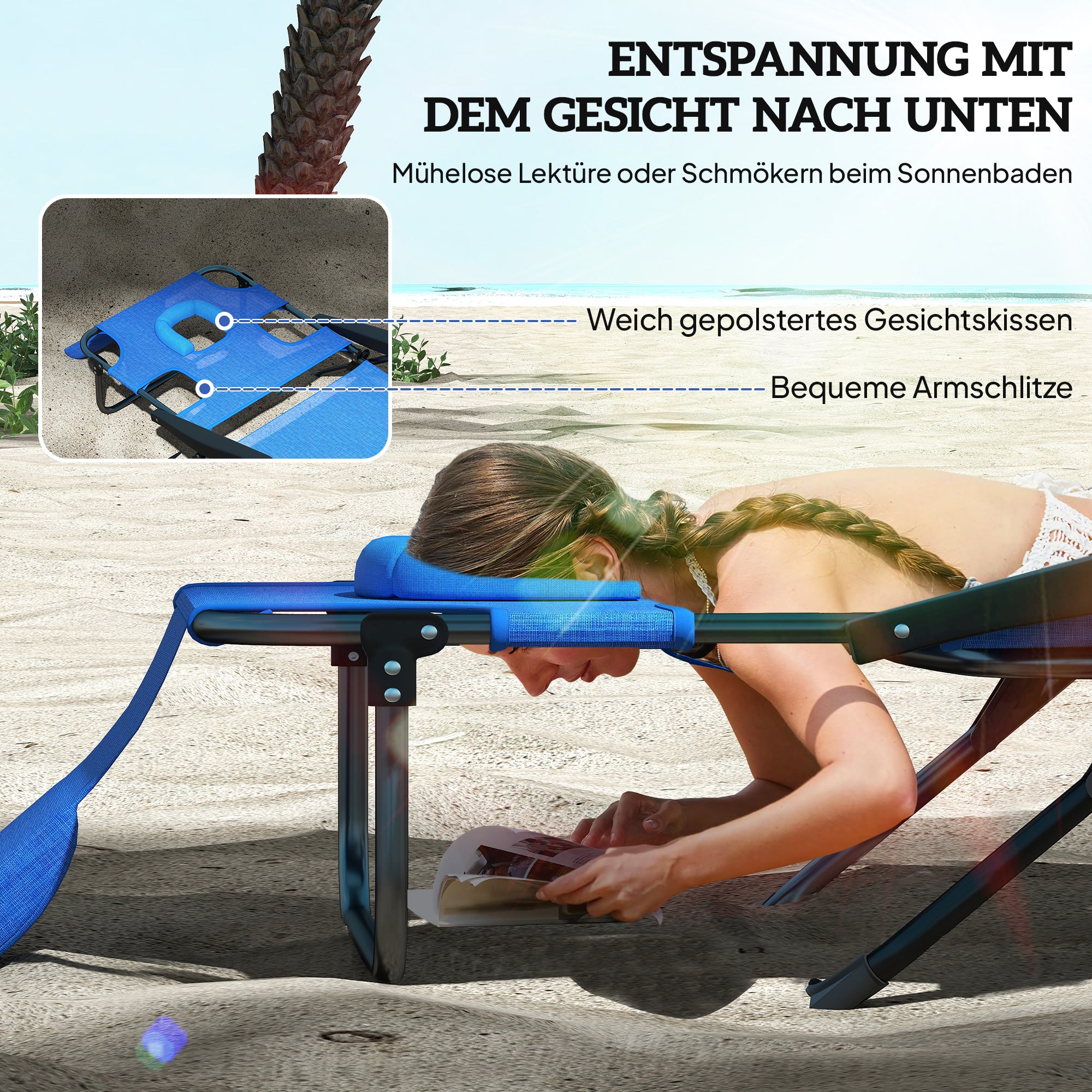 Folding Sun Lounger Garden Lounger with Reading Window, Head Pillow, Recliner with 4-Position Adjustable Backrest, Weatherproof Camping Lounger up to 120 kg, for Garden Beach Pool, Dark Blue