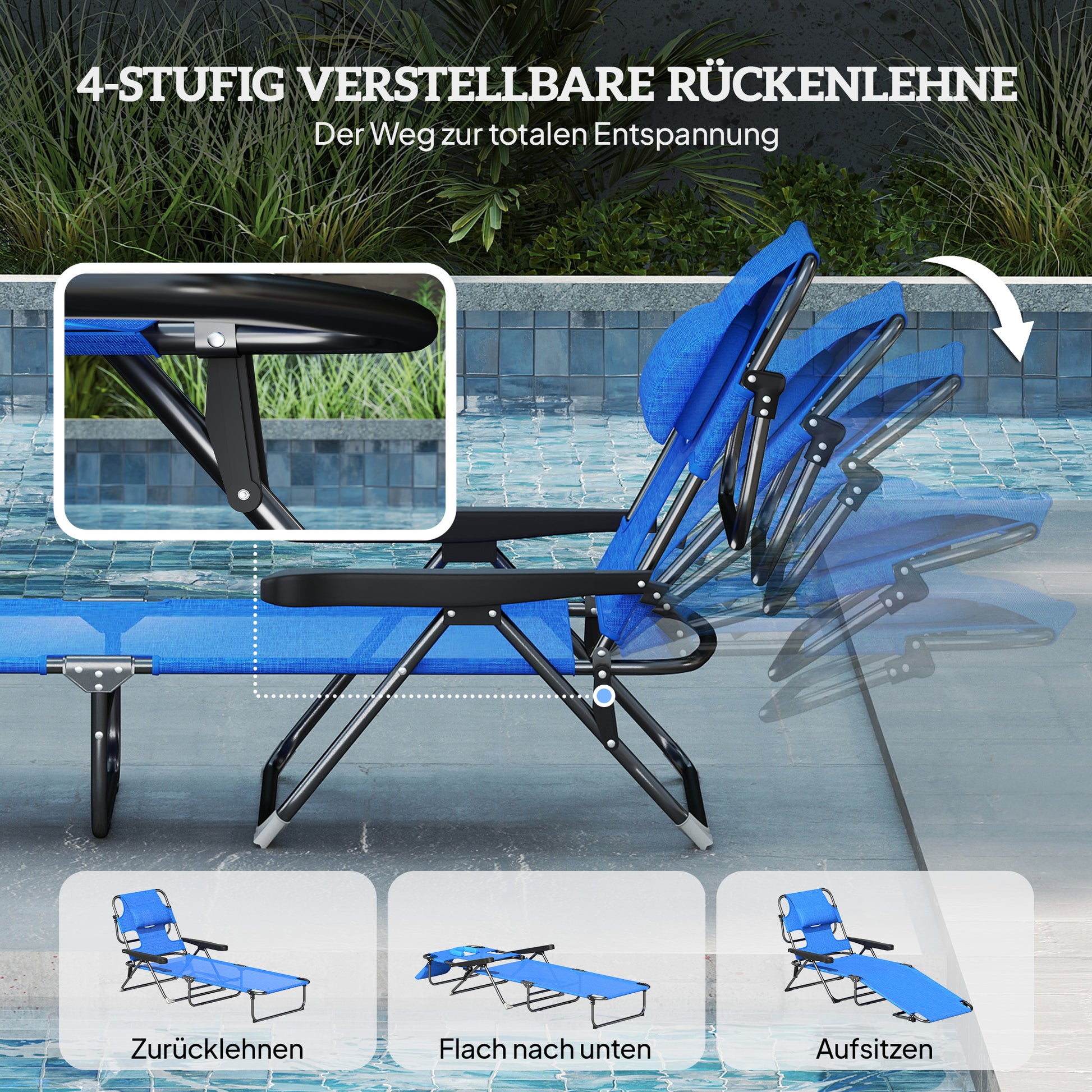 Folding Sun Lounger Garden Lounger with Reading Window, Head Pillow, Recliner with 4-Position Adjustable Backrest, Weatherproof Camping Lounger up to 120 kg, for Garden Beach Pool, Dark Blue