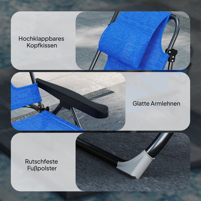 Folding Sun Lounger Garden Lounger with Reading Window, Head Pillow, Recliner with 4-Position Adjustable Backrest, Weatherproof Camping Lounger up to 120 kg, for Garden Beach Pool, Dark Blue