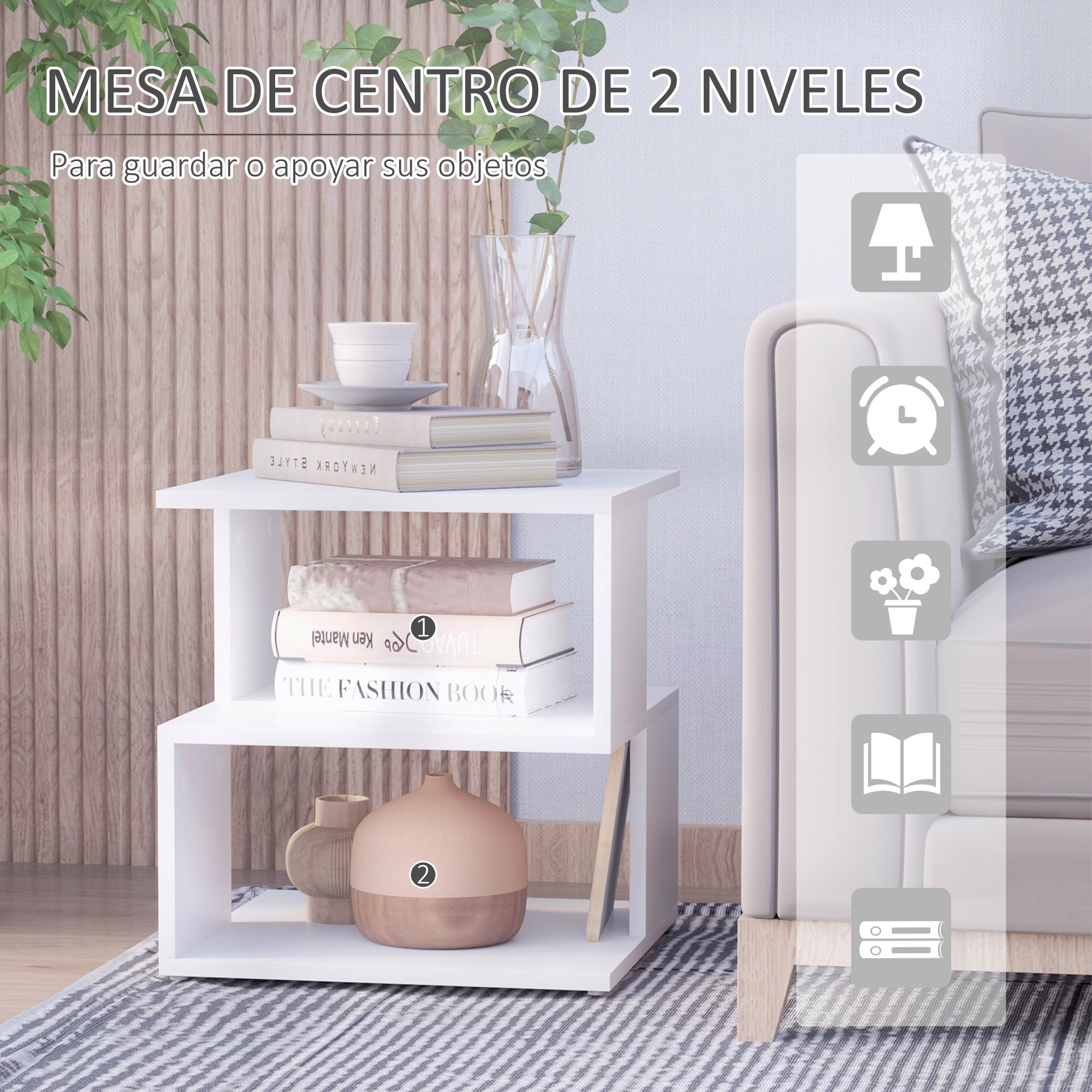 Coffee Table Nightstand Side Table with 2-Tier Shelf for Living Room Bedroom Library 40x40x43 cm White