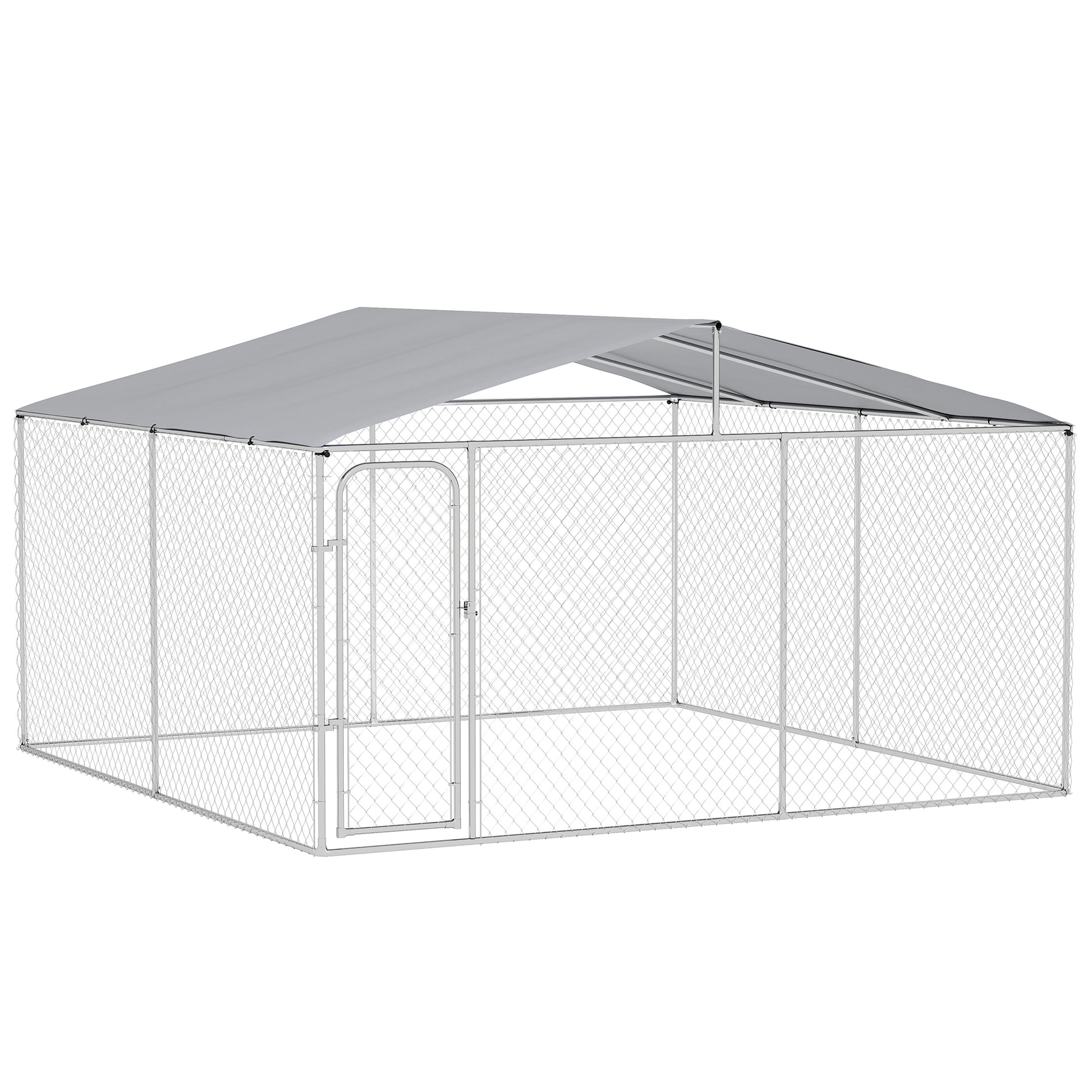 Outdoor Kennel with Anti-UV Waterproof Canopy Dog Park with Latched Door and Galvanized Metal Frame for Patio Garden Terrace 4x4x2.3 m Silver