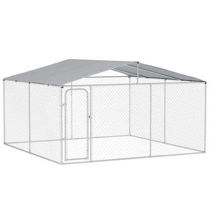 Outdoor Kennel with Anti-UV Waterproof Canopy Dog Park with Latched Door and Galvanized Metal Frame for Patio Garden Terrace 4x4x2.3 m Silver