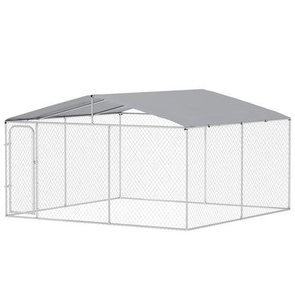 Outdoor Kennel with Anti-UV Waterproof Canopy Dog Park with Latched Door and Galvanized Metal Frame for Patio Garden Terrace 4x4x2.3 m Silver