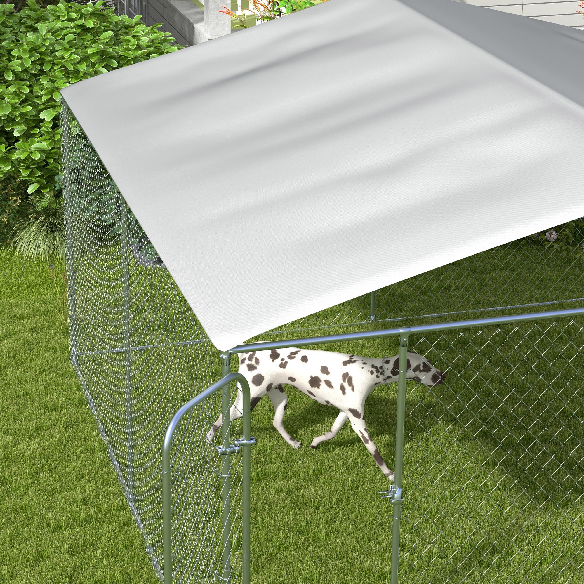 Outdoor Kennel with Anti-UV Waterproof Canopy Dog Park with Latched Door and Galvanized Metal Frame for Patio Garden Terrace 4x4x2.3 m Silver