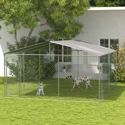 Outdoor Kennel with Anti-UV Waterproof Canopy Dog Park with Latched Door and Galvanized Metal Frame for Patio Garden Terrace 4x4x2.3 m Silver