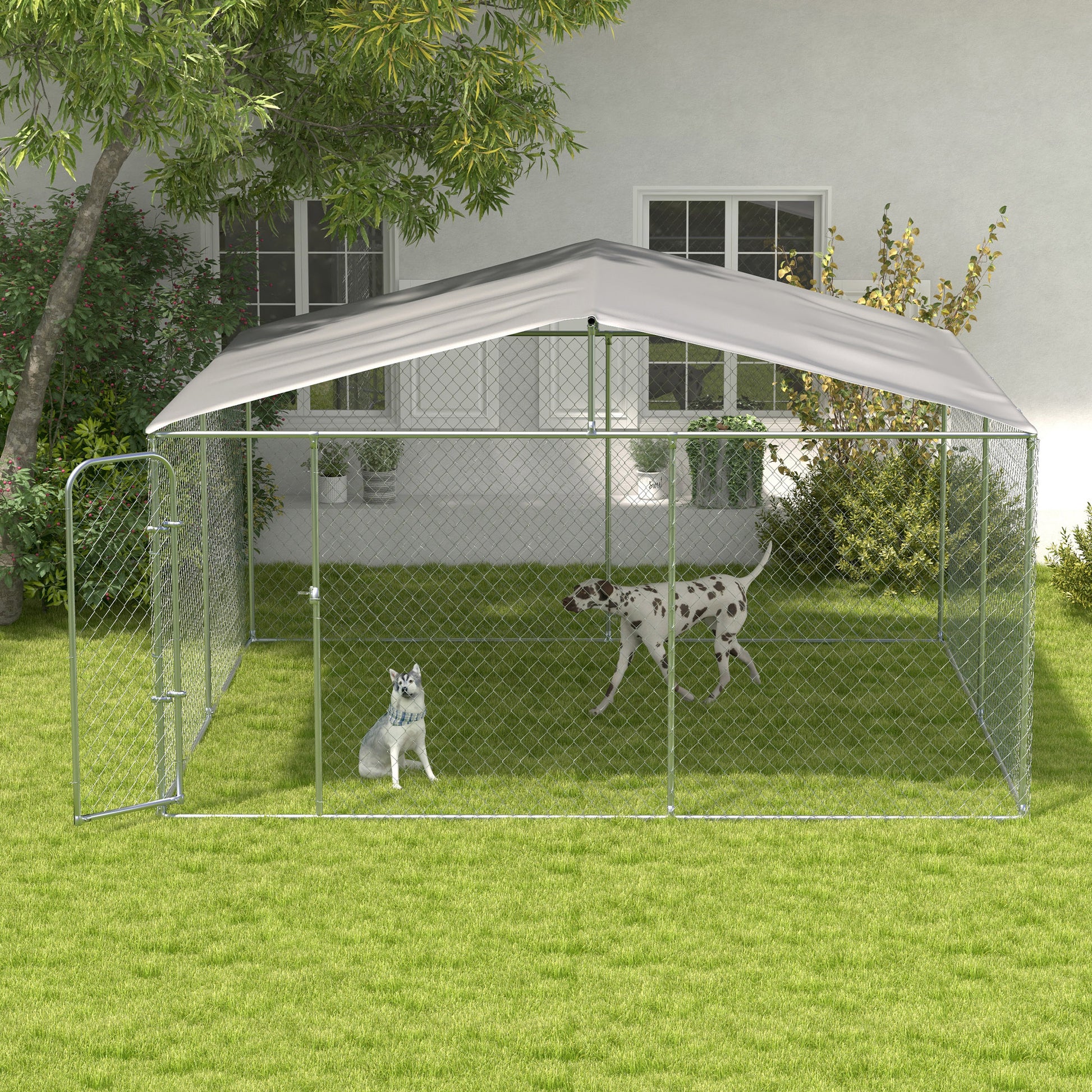 Outdoor Kennel with Anti-UV Waterproof Canopy Dog Park with Latched Door and Galvanized Metal Frame for Patio Garden Terrace 4x4x2.3 m Silver