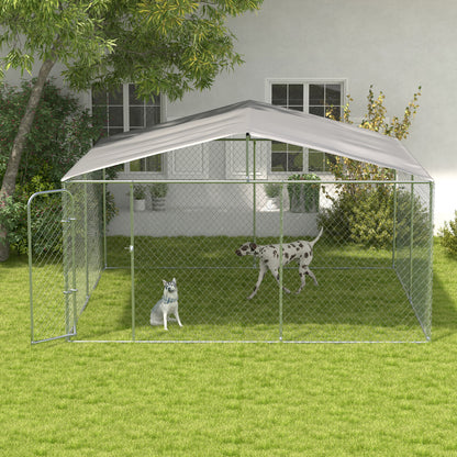 Outdoor Kennel with Anti-UV Waterproof Canopy Dog Park with Latched Door and Galvanized Metal Frame for Patio Garden Terrace 4x4x2.3 m Silver