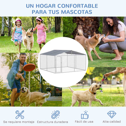 Outdoor Kennel with Anti-UV Waterproof Canopy Dog Park with Latched Door and Galvanized Metal Frame for Patio Garden Terrace 4x4x2.3 m Silver