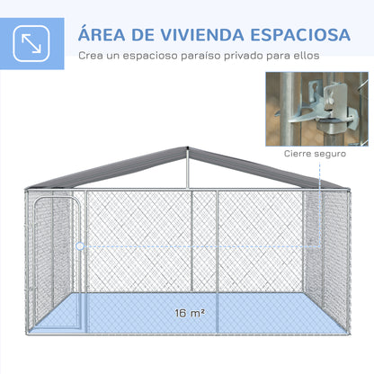 Outdoor Kennel with Anti-UV Waterproof Canopy Dog Park with Latched Door and Galvanized Metal Frame for Patio Garden Terrace 4x4x2.3 m Silver