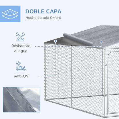 Outdoor Kennel with Anti-UV Waterproof Canopy Dog Park with Latched Door and Galvanized Metal Frame for Patio Garden Terrace 4x4x2.3 m Silver