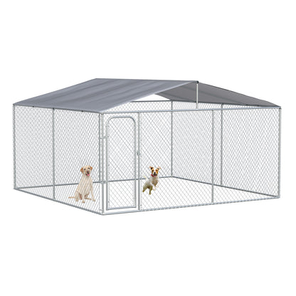 Outdoor Kennel with Anti-UV Waterproof Canopy Dog Park with Latched Door and Galvanized Metal Frame for Patio Garden Terrace 4x4x2.3 m Silver