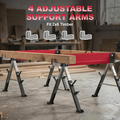 2-Pack Folding Sawhorses — Heavy-Duty Metal Work Stands, 1,160 kg Pair Capacity, 7-Position Height (64–81 cm), Red