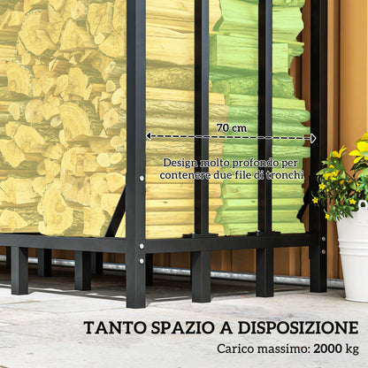 Outdoor Log Holder with Cover, Reinforced Metal Log Store for Firewood with 2000kg Capacity, 185x90x185 cm, Black