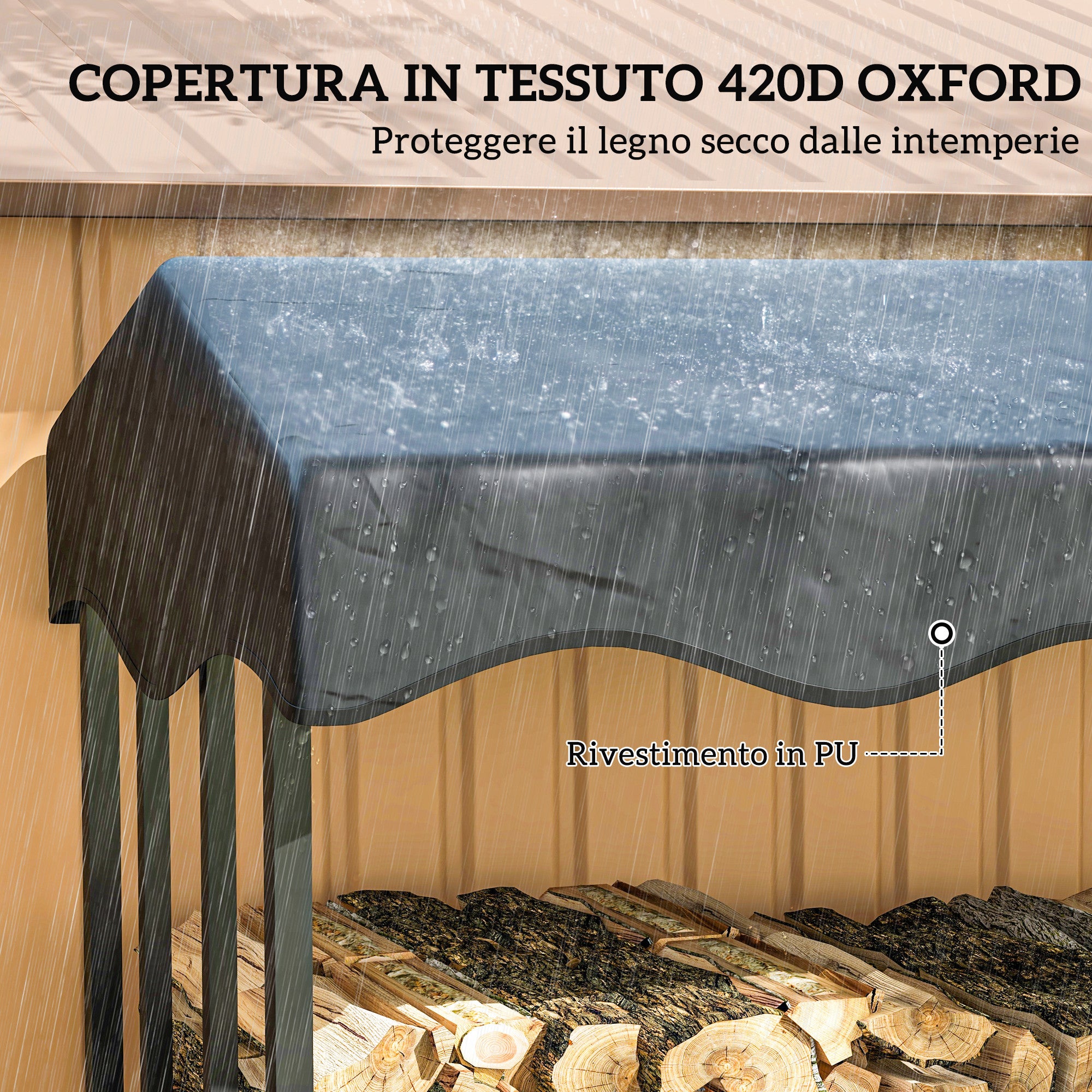 Outdoor Log Holder with Cover, Reinforced Metal Log Store for Firewood with 2000kg Capacity, 185x90x185 cm, Black