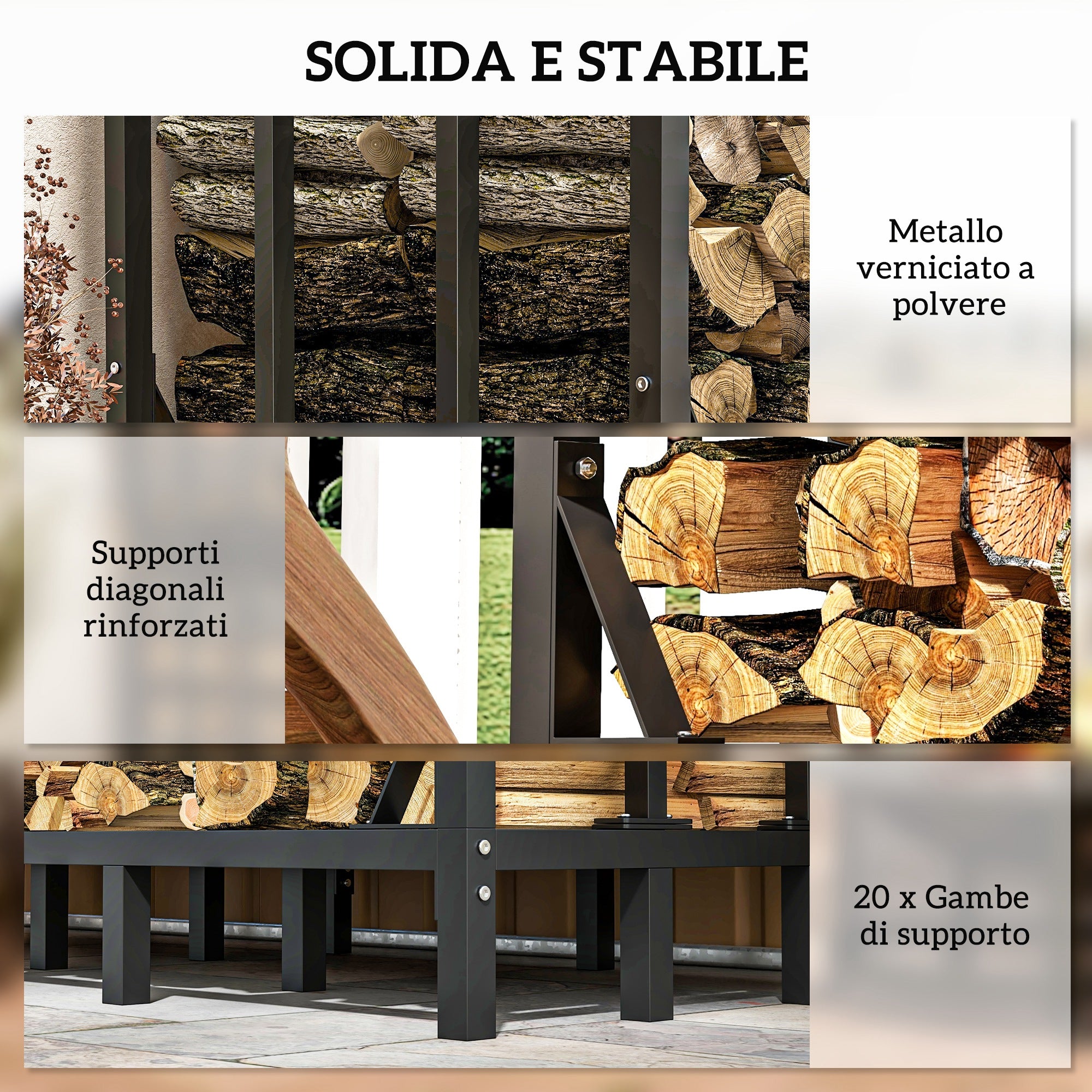 Outdoor Log Holder with Cover, Reinforced Metal Log Store for Firewood with 2000kg Capacity, 185x90x185 cm, Black