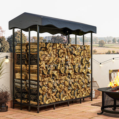 Outdoor Log Holder with Cover, Reinforced Metal Log Store for Firewood with 2000kg Capacity, 185x90x185 cm, Black