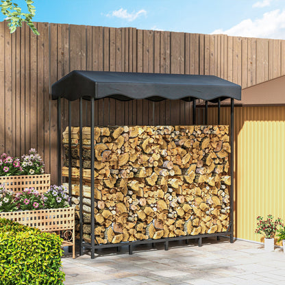 Outdoor Log Holder with Cover, Reinforced Metal Log Store for Firewood with 2000kg Capacity, 185x90x185 cm, Black