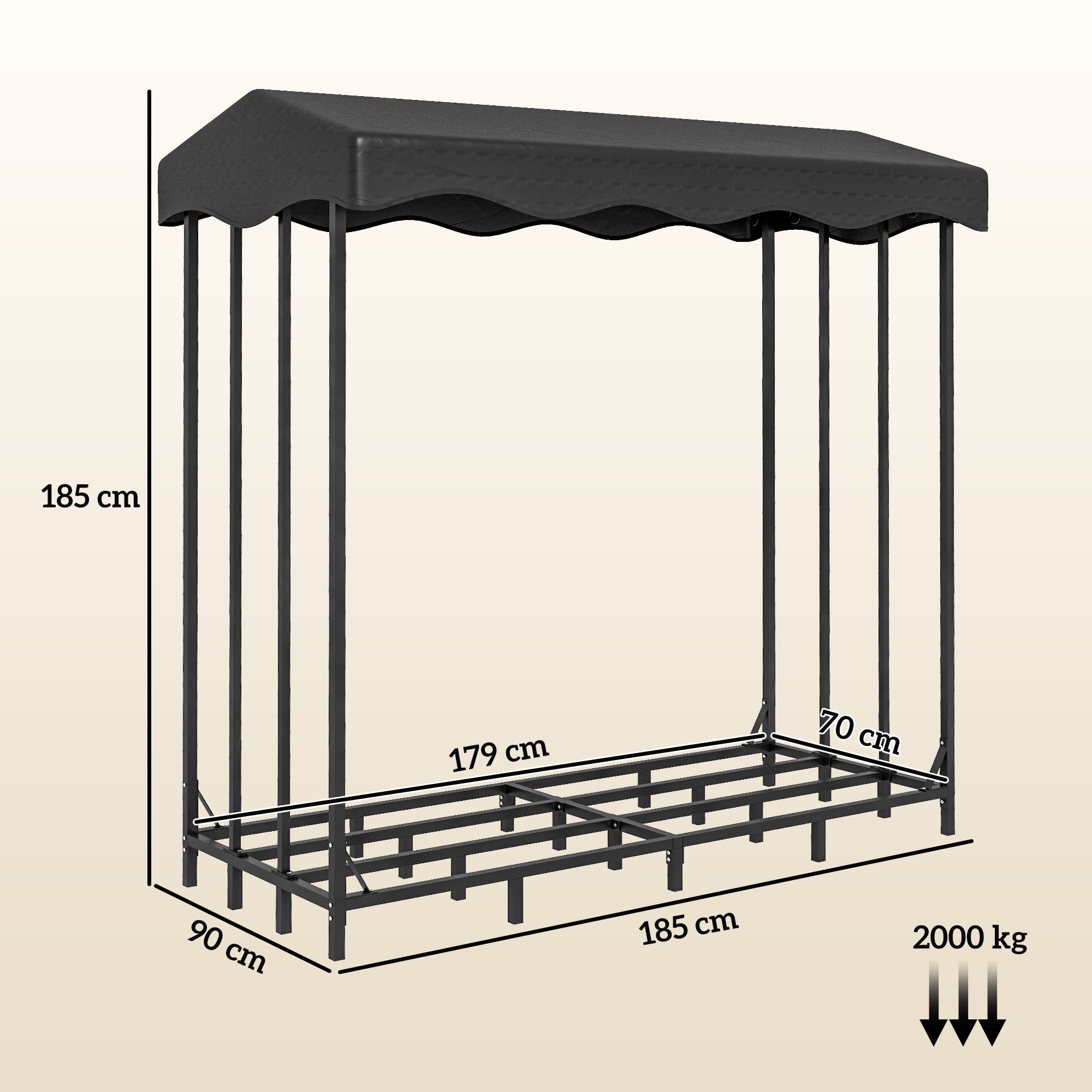 Outdoor Log Holder with Cover, Reinforced Metal Log Store for Firewood with 2000kg Capacity, 185x90x185 cm, Black