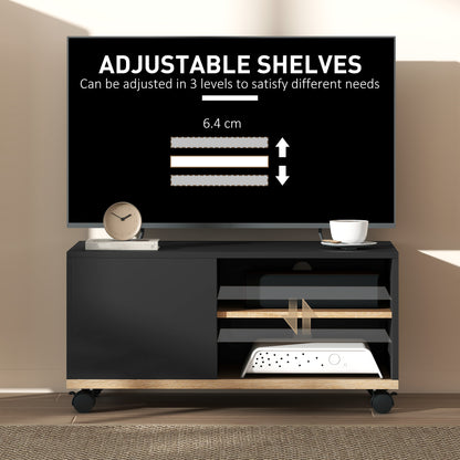 Lowboard TV Stand on Casters with Cabinet, Cable Management & Adjustable Shelf — Fits up to 32" TVs, Black & Oak, 80 x 45 x 41 cm (31.5 x 17.7 x 16.1 in)