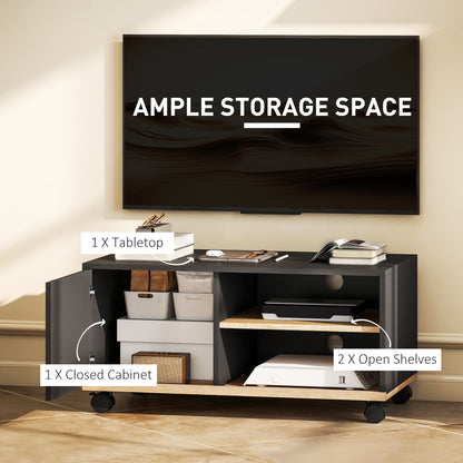 Lowboard TV Stand on Casters with Cabinet, Cable Management & Adjustable Shelf — Fits up to 32" TVs, Black & Oak, 80 x 45 x 41 cm (31.5 x 17.7 x 16.1 in)