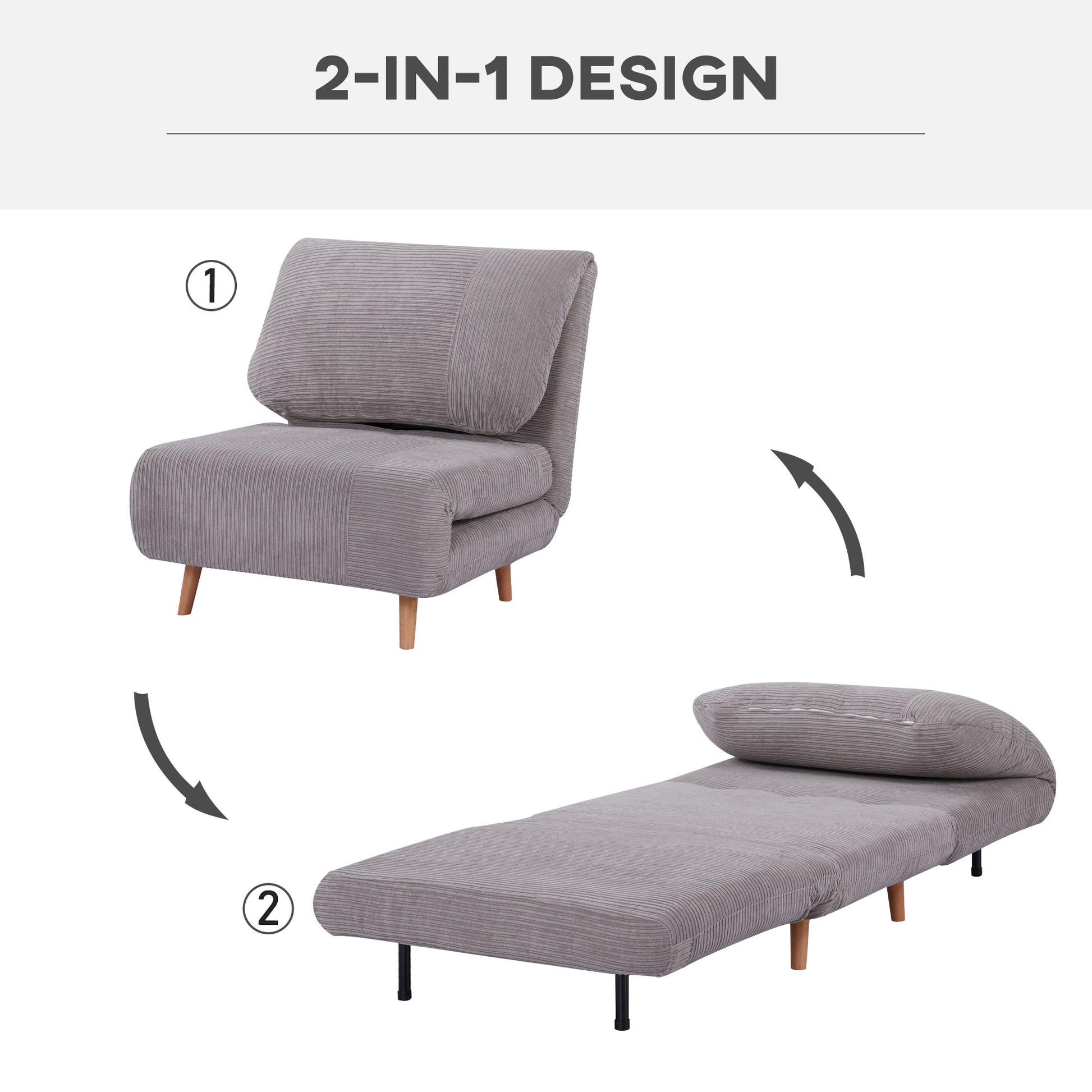 2-in-1 Sleeper Sofa Sleeper Chair Adjustable Folding Mattress Guest Bed in Corduroy Look, for Bedroom, Living Room Light Grey 82 x 89 x 83 cm