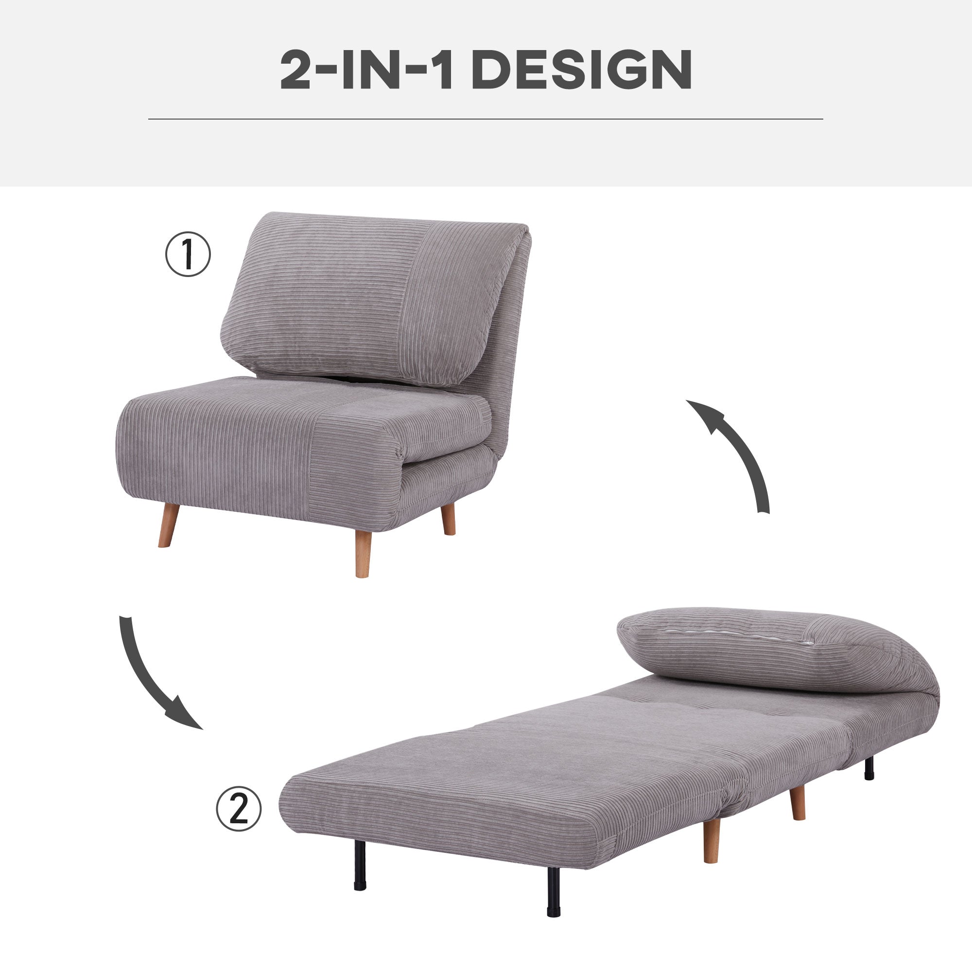 2-in-1 Sleeper Sofa Sleeper Chair Adjustable Folding Mattress Guest Bed in Corduroy Look, for Bedroom, Living Room Light Grey 82 x 89 x 83 cm