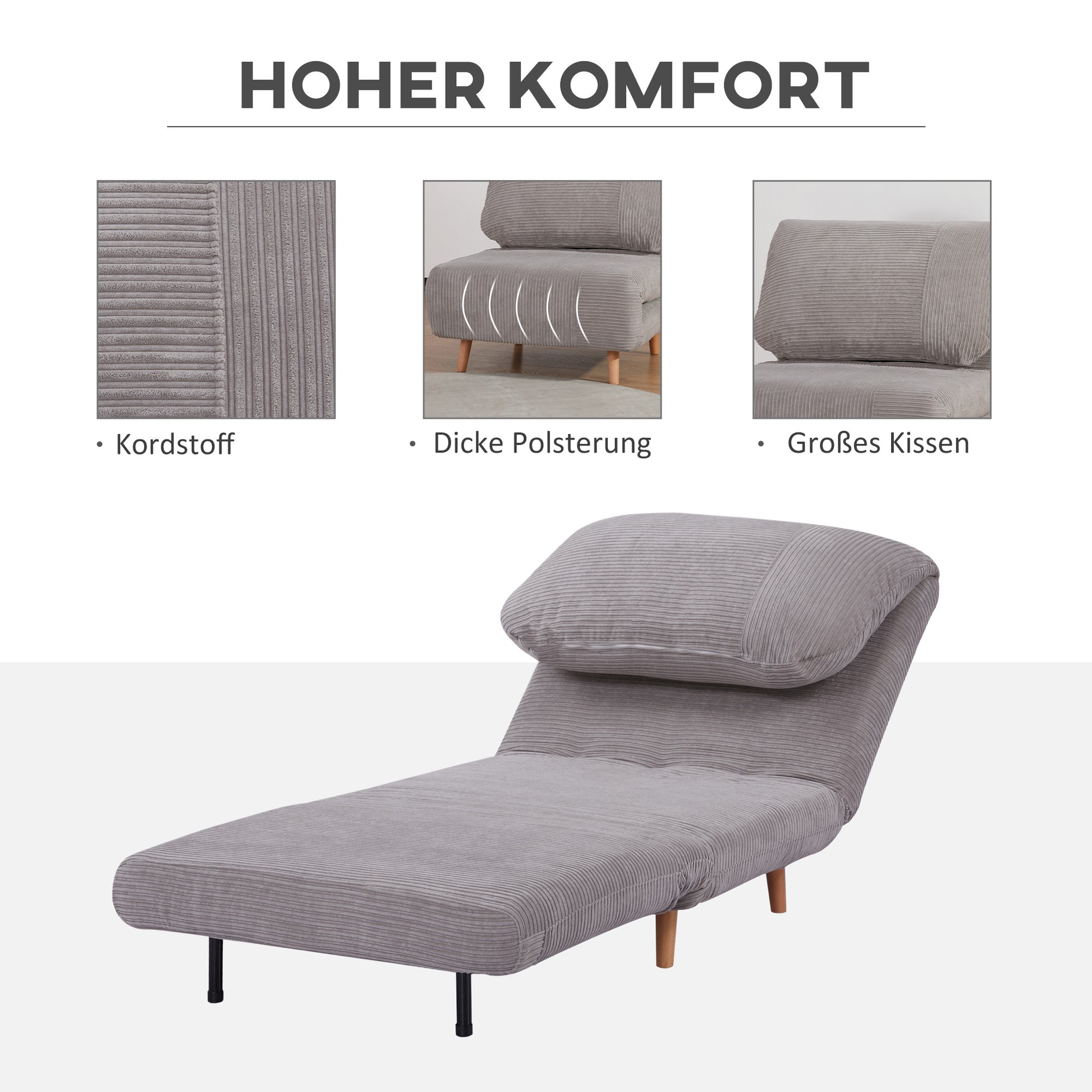 2-in-1 Sleeper Sofa Sleeper Chair Adjustable Folding Mattress Guest Bed in Corduroy Look, for Bedroom, Living Room Light Grey 82 x 89 x 83 cm