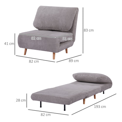 2-in-1 Sleeper Sofa Sleeper Chair Adjustable Folding Mattress Guest Bed in Corduroy Look, for Bedroom, Living Room Light Grey 82 x 89 x 83 cm