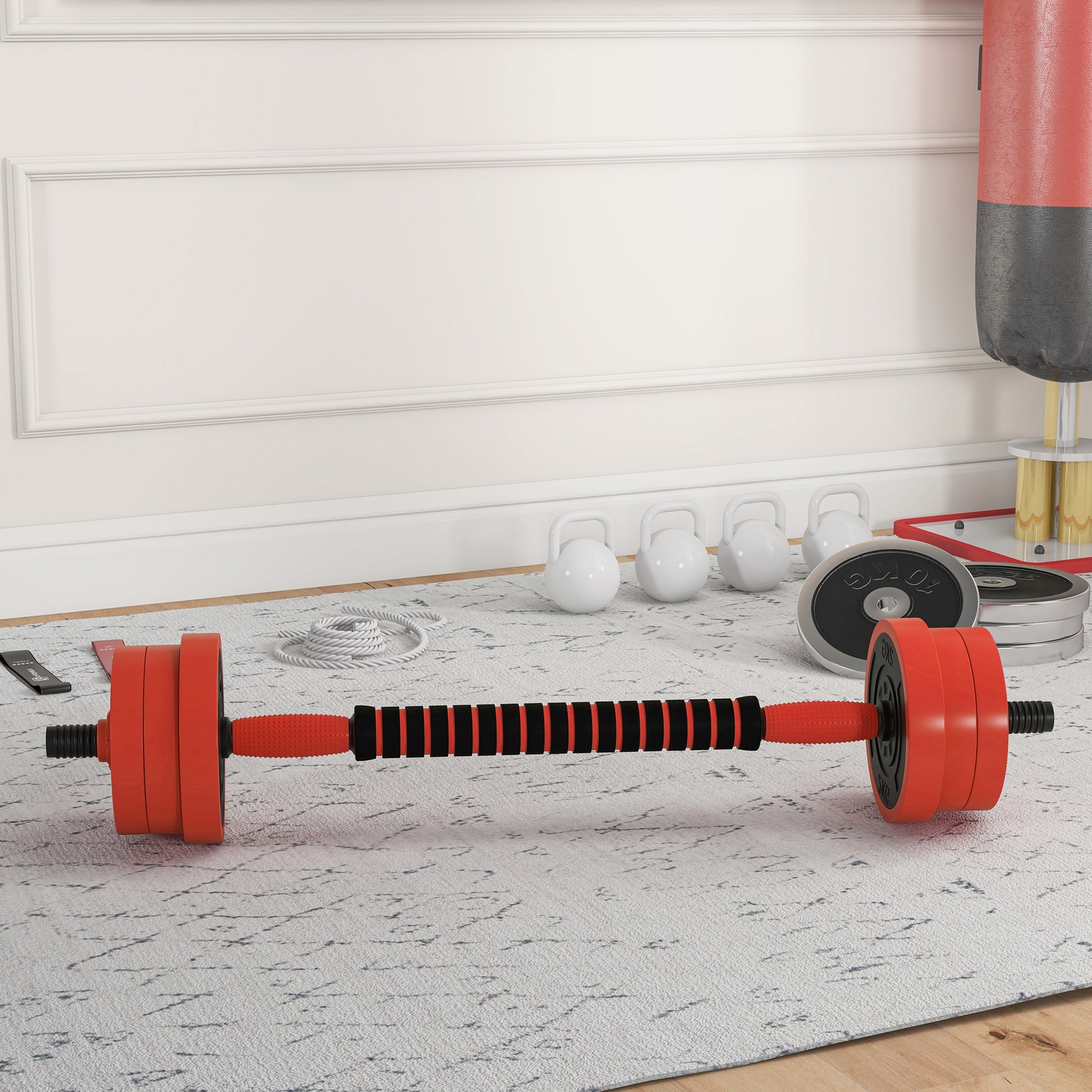 SPORTNOW 20kg Adjustable Dumbbell Kit 4-in-1 Weight Set with Kettlebell Barbell for Strength Training at Home Gym Office Red