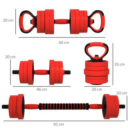SPORTNOW 20kg Adjustable Dumbbell Kit 4-in-1 Weight Set with Kettlebell Barbell for Strength Training at Home Gym Office Red
