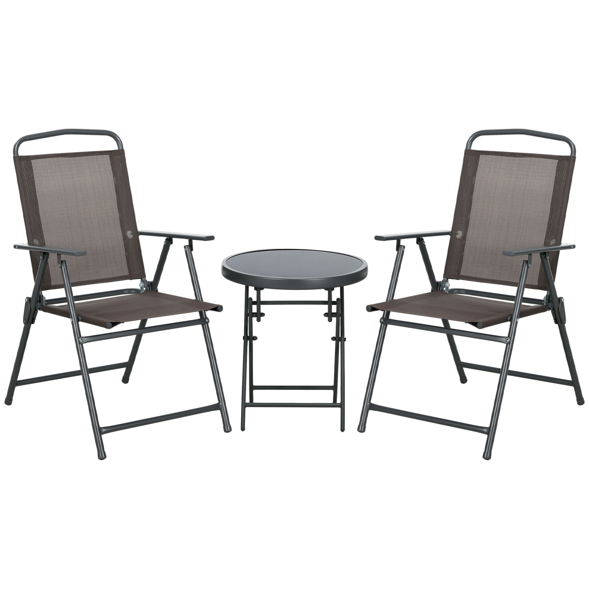 3-Piece Metal Bistro Set Weatherproof Garden Furniture Set with Folding Glass Table Garden Chairs Outdoor Balcony Furniture Set Seating Group Balcony Set Garden Furniture Brown