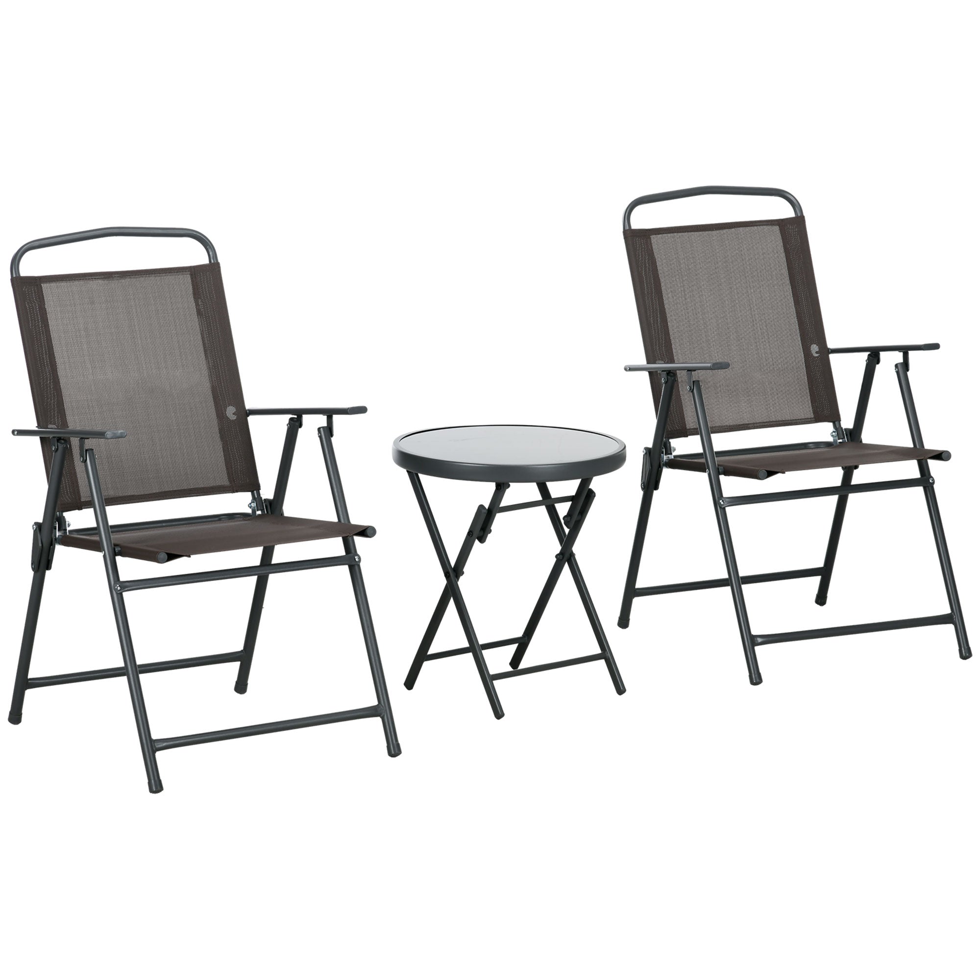 3-Piece Metal Bistro Set Weatherproof Garden Furniture Set with Folding Glass Table Garden Chairs Outdoor Balcony Furniture Set Seating Group Balcony Set Garden Furniture Brown