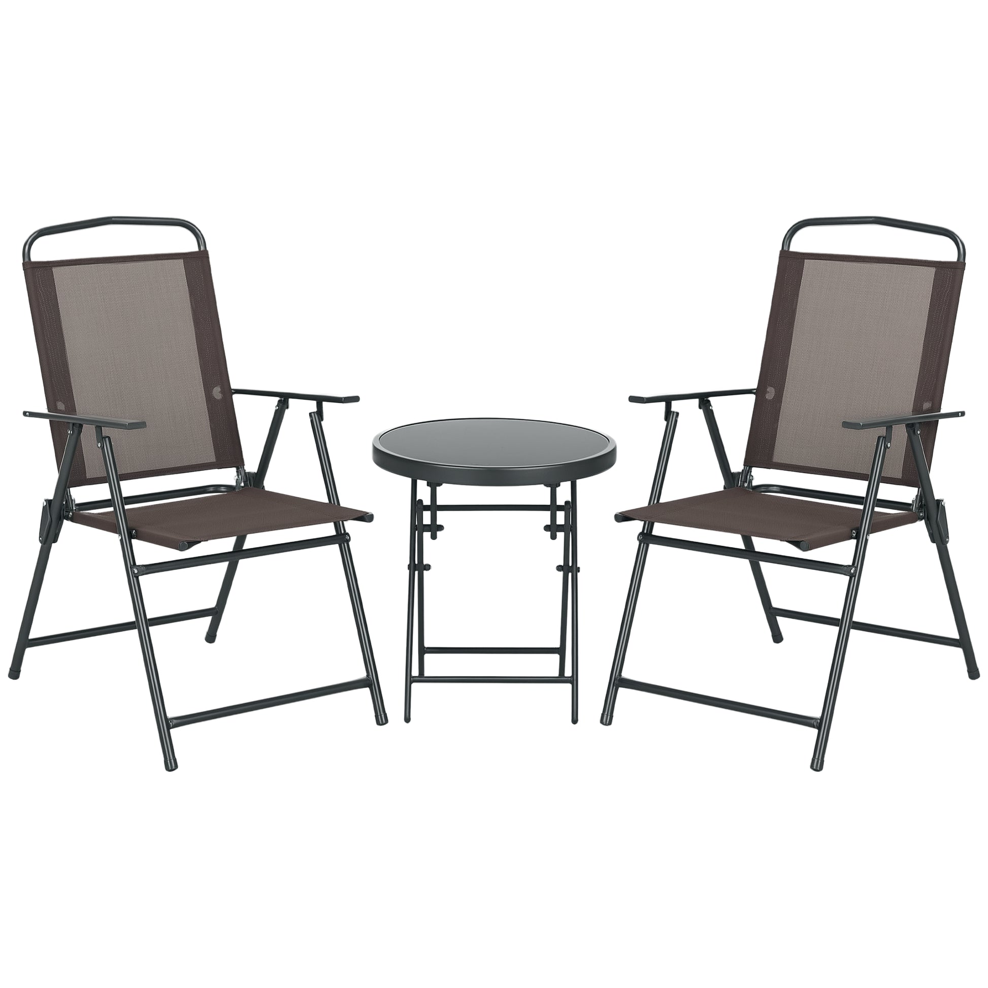 3-Piece Metal Bistro Set Weatherproof Garden Furniture Set with Folding Glass Table Garden Chairs Outdoor Balcony Furniture Set Seating Group Balcony Set Garden Furniture Brown
