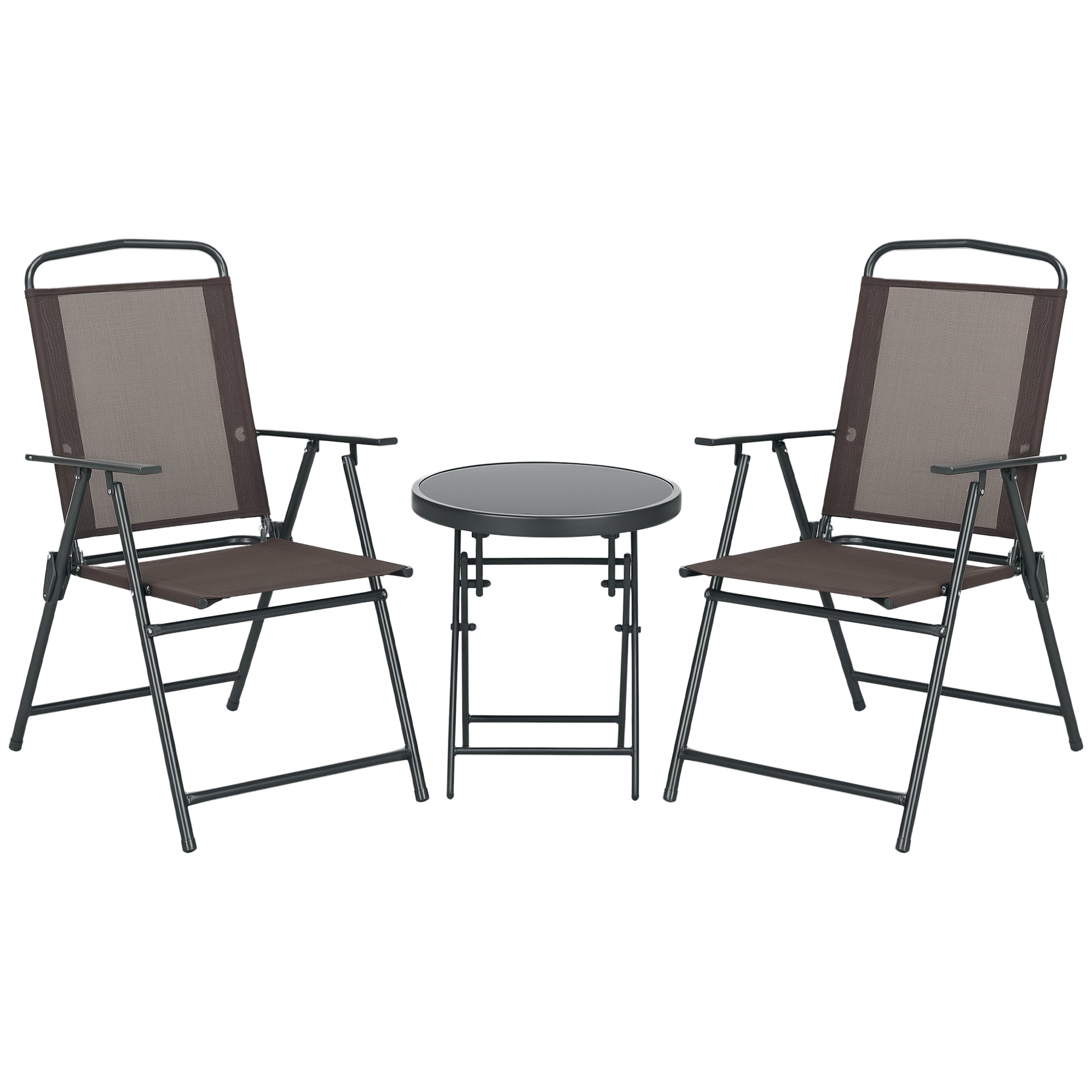 3-Piece Metal Bistro Set Weatherproof Garden Furniture Set with Folding Glass Table Garden Chairs Outdoor Balcony Furniture Set Seating Group Balcony Set Garden Furniture Brown