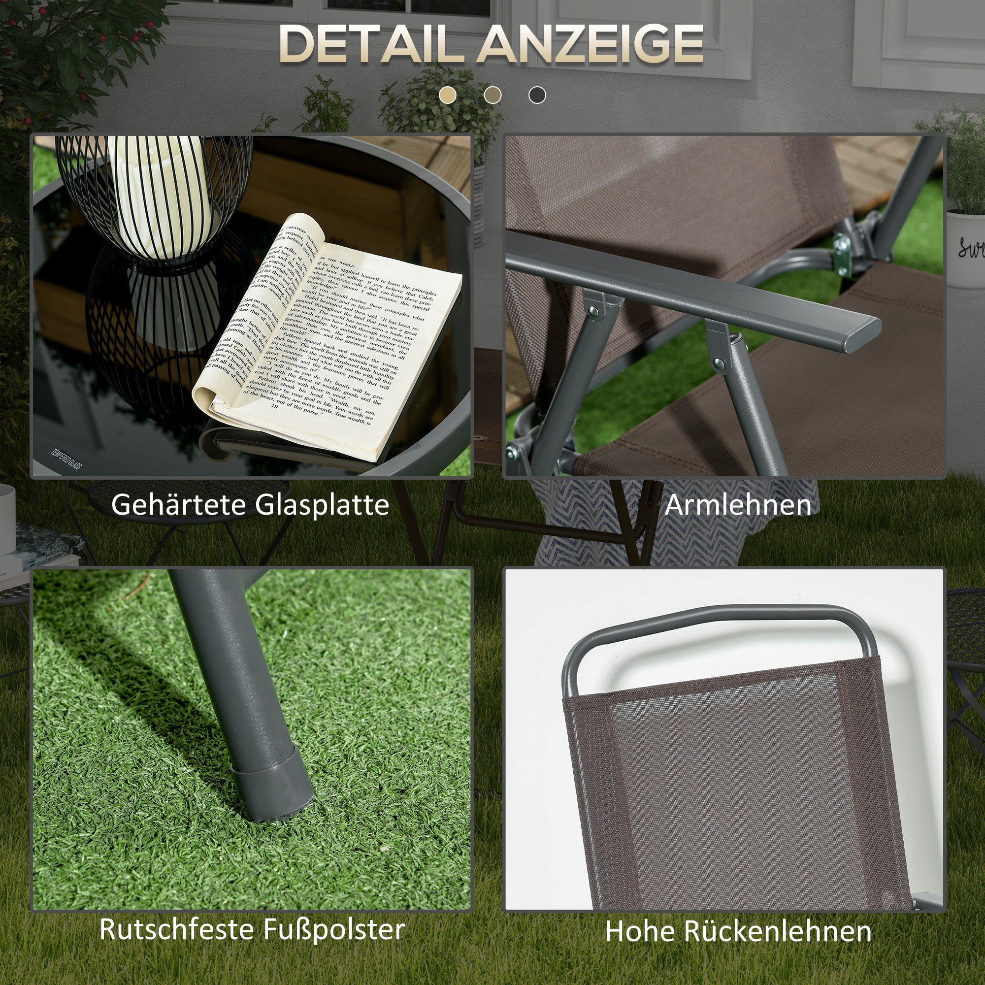 3-Piece Metal Bistro Set Weatherproof Garden Furniture Set with Folding Glass Table Garden Chairs Outdoor Balcony Furniture Set Seating Group Balcony Set Garden Furniture Brown