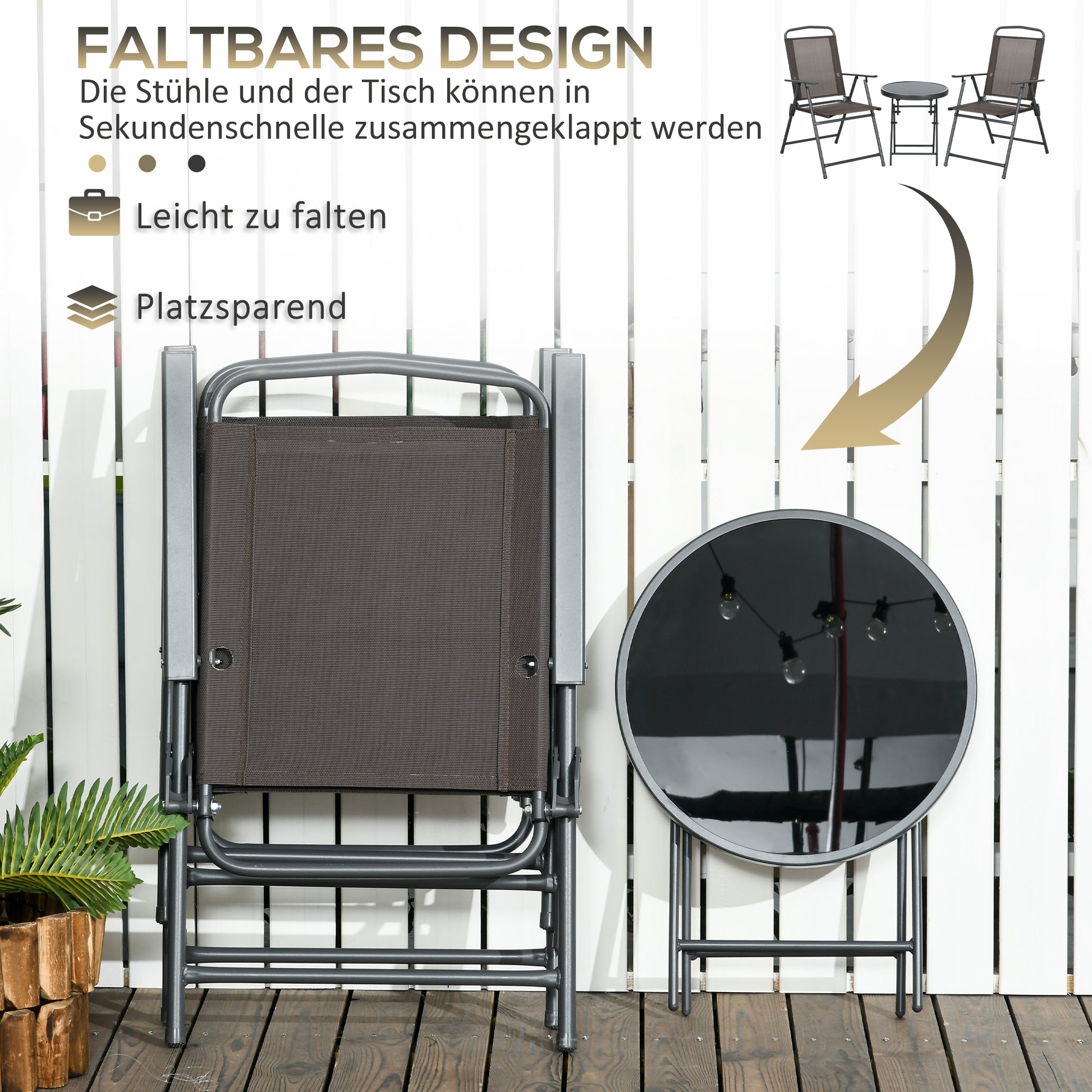 3-Piece Metal Bistro Set Weatherproof Garden Furniture Set with Folding Glass Table Garden Chairs Outdoor Balcony Furniture Set Seating Group Balcony Set Garden Furniture Brown