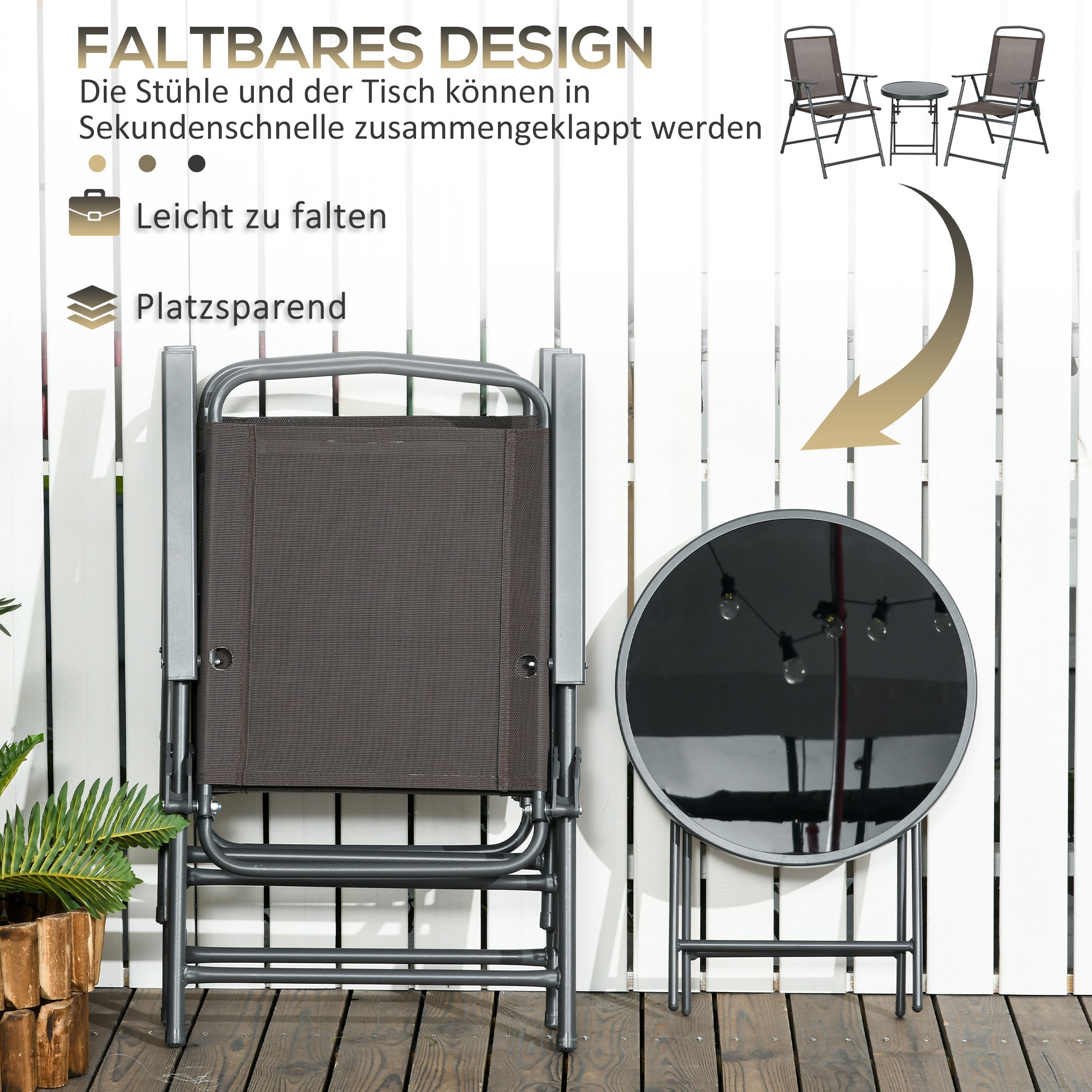 3-Piece Metal Bistro Set Weatherproof Garden Furniture Set with Folding Glass Table Garden Chairs Outdoor Balcony Furniture Set Seating Group Balcony Set Garden Furniture Brown