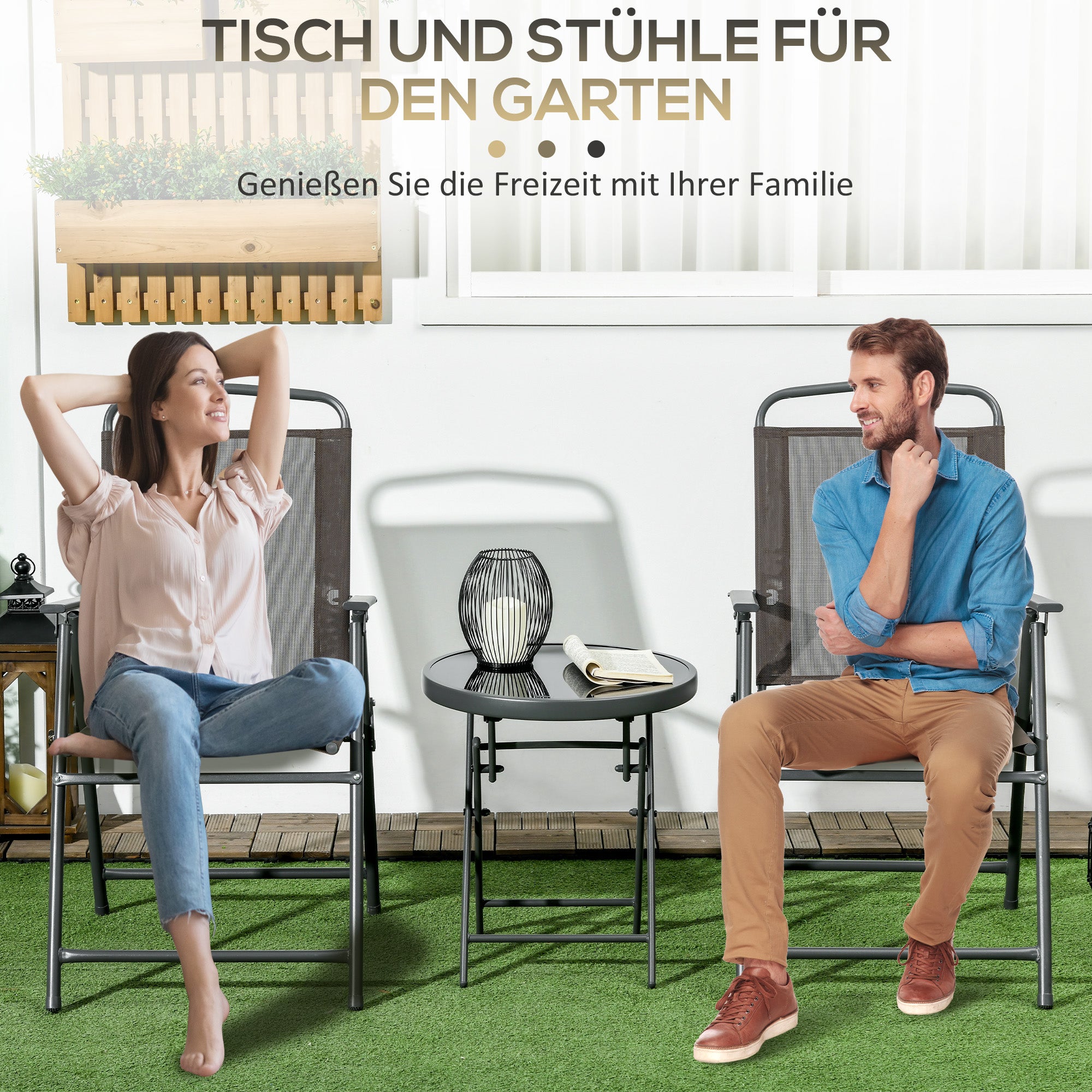 3-Piece Metal Bistro Set Weatherproof Garden Furniture Set with Folding Glass Table Garden Chairs Outdoor Balcony Furniture Set Seating Group Balcony Set Garden Furniture Brown