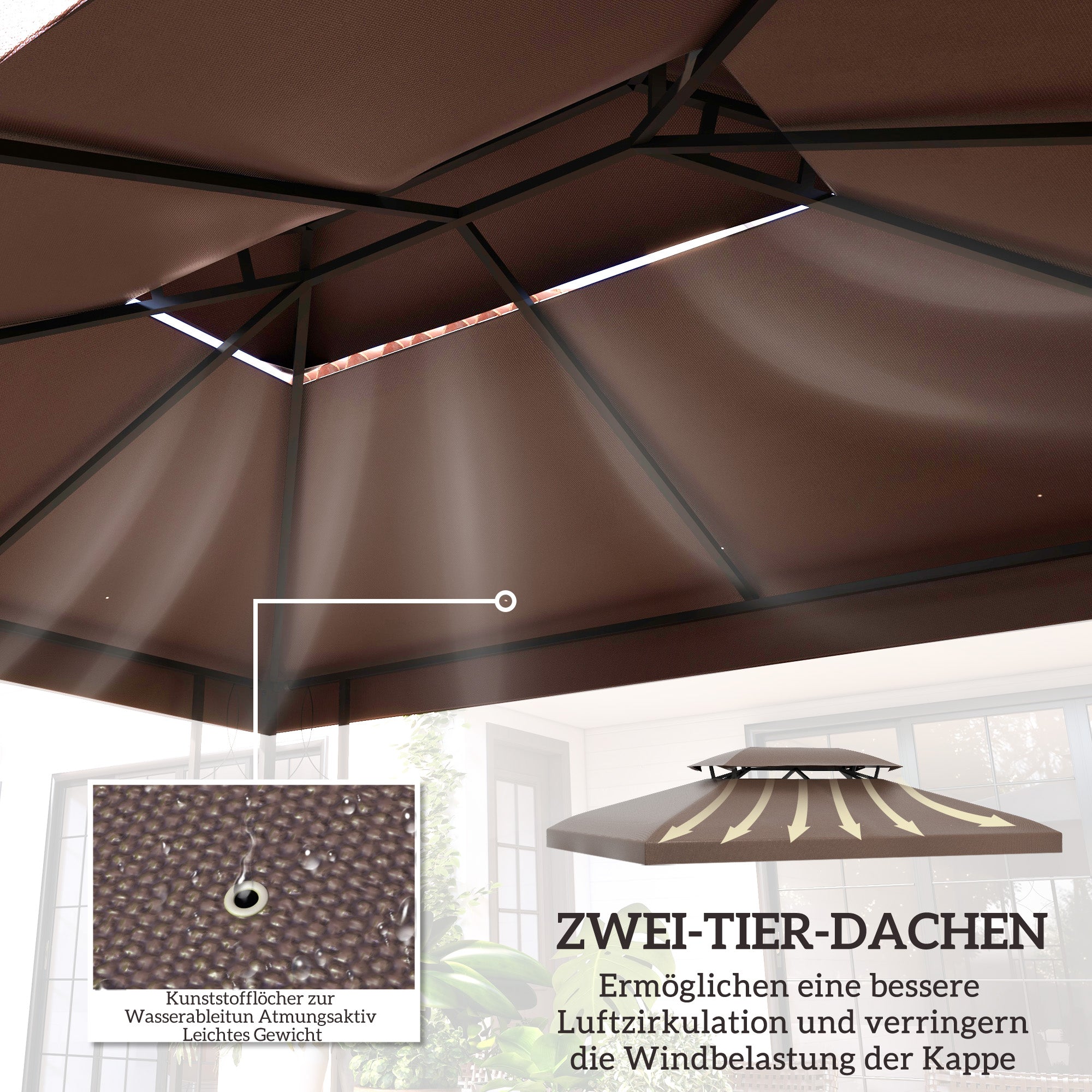 Replacement Roof for Metal Pavilion 3x4m Water-Repellent Pavillon Roof with Double Roof, Replacement Cover for Garden Pavilion Party Tent Gazebo Polyester Coffee