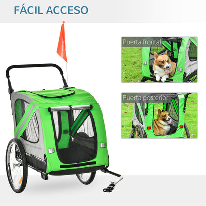Bike Trailer for Dogs 2 in 1 Pet Transporter with Roll-up Doors Safety Belt Flag and 6 Reflectors Load 30 kg 140x72.5x108 cm Green