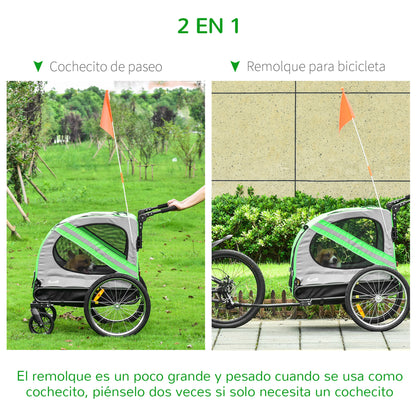 Bike Trailer for Dogs 2 in 1 Pet Transporter with Roll-up Doors Safety Belt Flag and 6 Reflectors Load 30 kg 140x72.5x108 cm Green
